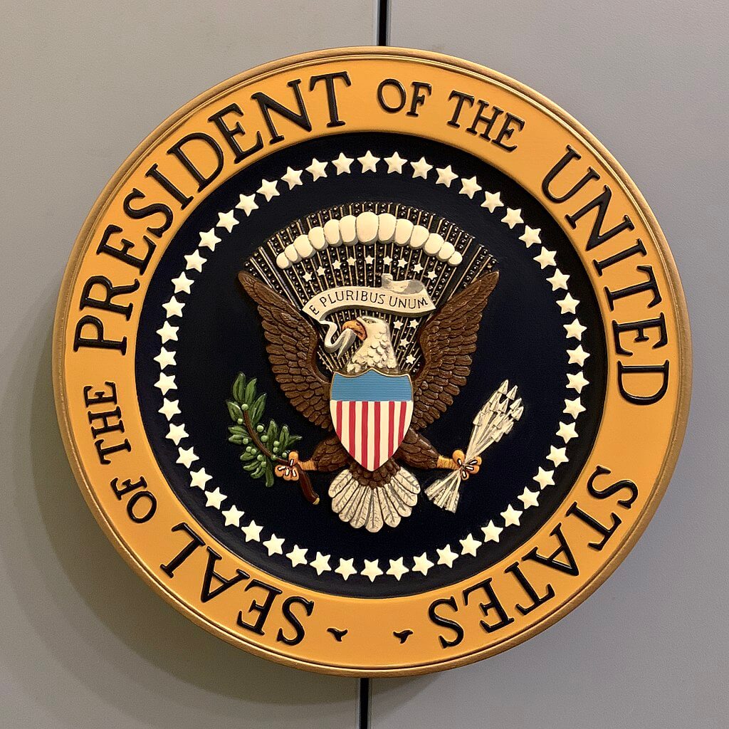The official Seal of the President of the United States, featuring the bald eagle holding an olive branch and arrows with a shield and scroll.